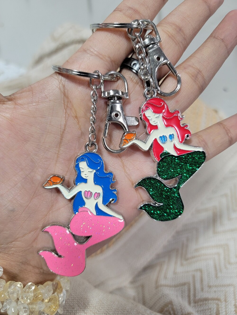 2pcs Cute Mermaid Keychain Set - Pink & Green Mermaid Charms